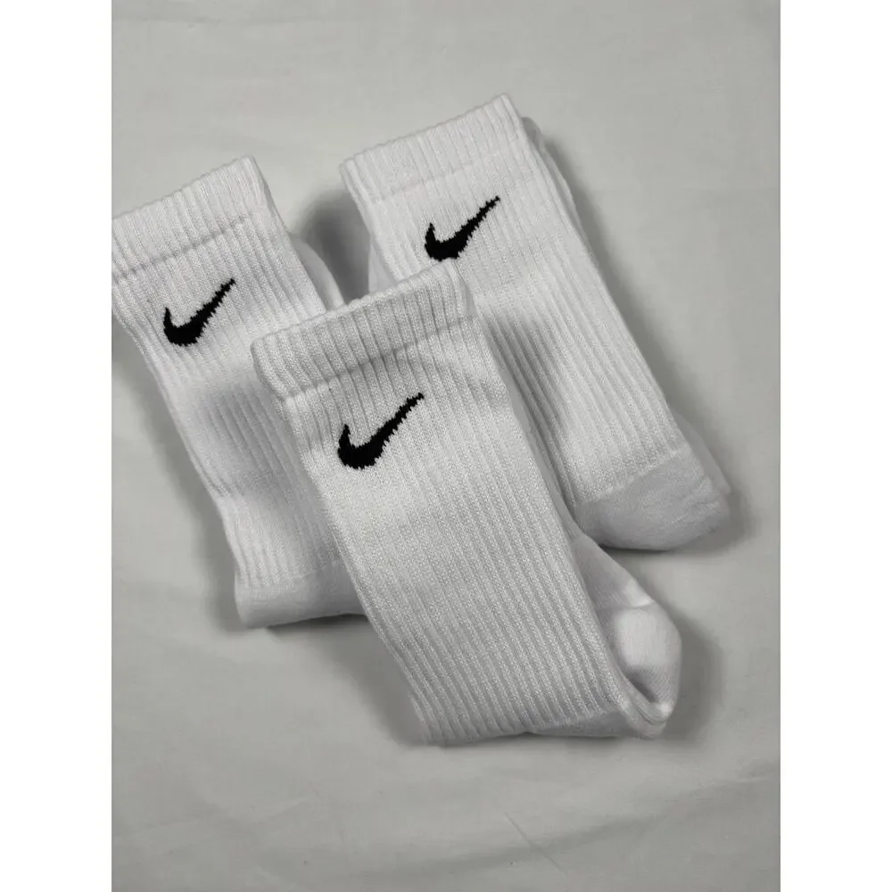 Nike Dri-FIT Crew Socks White Black Swoosh‎ Cushioned Performance Lot of 3 OSFM